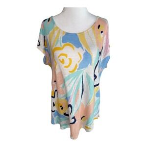 Rachel Zoe Linen Top XL Pastel Floral Print Short‎ Sleeve Lightweight Blouse